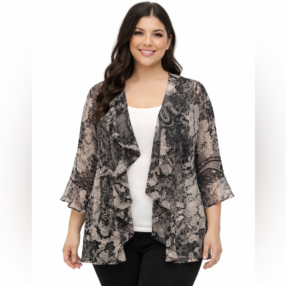 Kim Rogers Size 16W Women's Black/White Floral Paisley Sheer Kimono Cardigan
